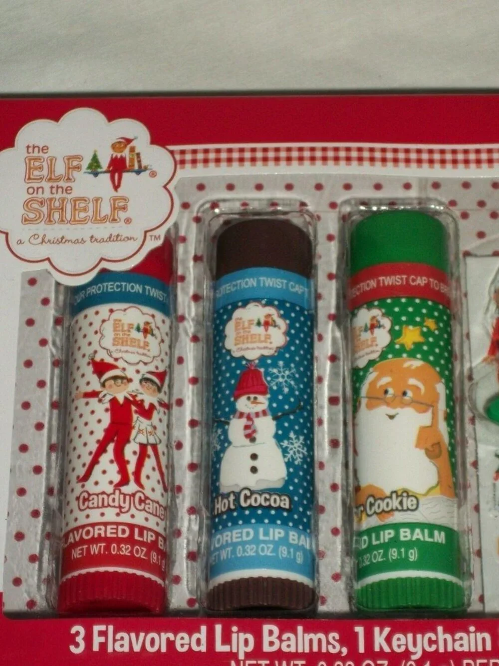 Elf on a Shelf Set 3 Flavored Lip Balm Moisturizer Chap Stick Keychain Stickers